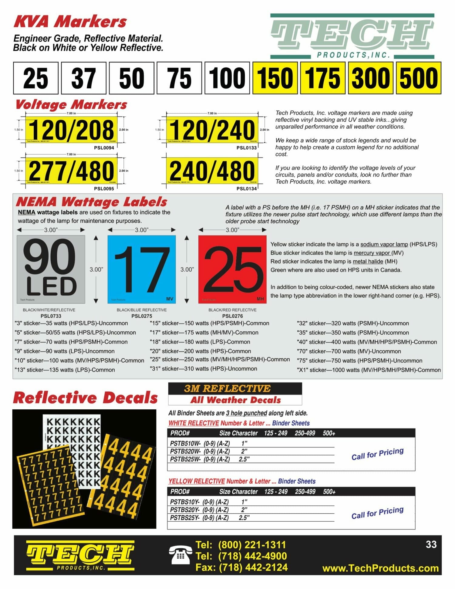 KVA Markers, Voltage Markers, NEMA Wattage Labels Catalog Page
